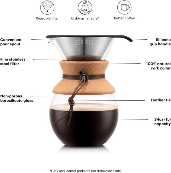 Experience Rich Flavors with Bodum 34 Oz Pour Over Coffee Maker - High-Heat Borosilicate Glass & Eco-Friendly Stainless Steel Filter with Cork Grip - Crafted in Portugal - Image 4