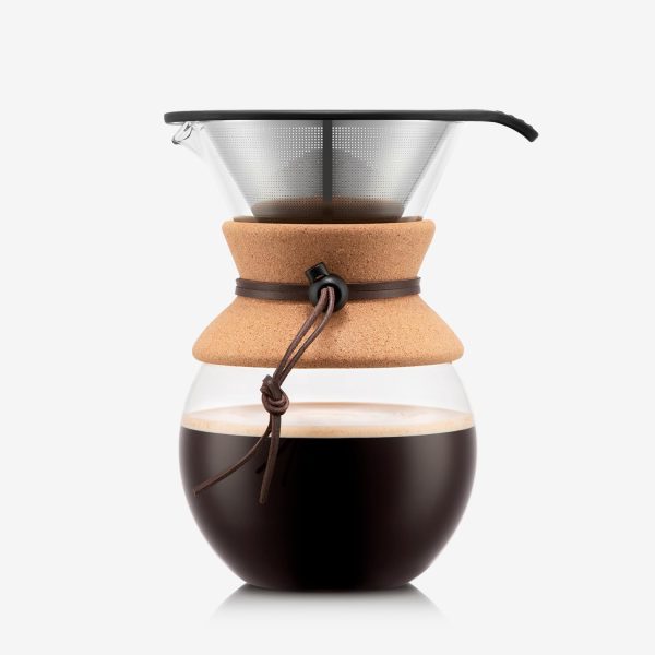 Experience Rich Flavors with Bodum 34 Oz Pour Over Coffee Maker - High-Heat Borosilicate Glass & Eco-Friendly Stainless Steel Filter with Cork Grip - Crafted in Portugal