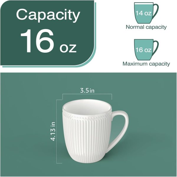 Set of 6 Stylish 16 Oz White Porcelain Coffee Mugs - Large, Easy-Grip Embossed Cups Perfect for Coffee Lovers! - Image 2