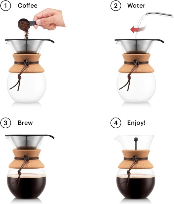 Experience Rich Flavors with Bodum 34 Oz Pour Over Coffee Maker - High-Heat Borosilicate Glass & Eco-Friendly Stainless Steel Filter with Cork Grip - Crafted in Portugal - Image 2