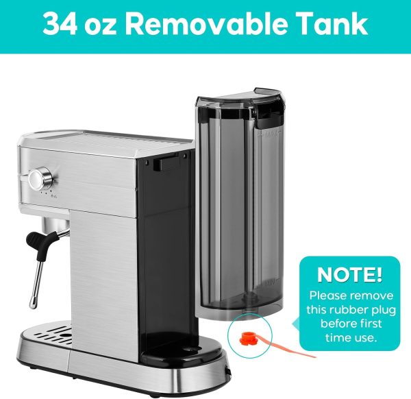 CASABREWS 20 Bar Espresso Machine - Compact Stainless Steel Coffee Maker with Steam Milk Frother & 34oz Removable Water Tank for Perfect Cappuccinos & Lattes - Sleek Silver Design - Image 4