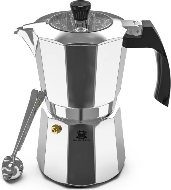 Elevate Your Camping Experience with the Cafe Du Chateau 6-Cup Espresso Maker: Stylish Percolator with Transparent Lid, High-Gloss Finish, & Coffee Clip Spoon!