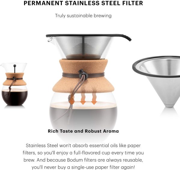 Experience Rich Flavors with Bodum 34 Oz Pour Over Coffee Maker - High-Heat Borosilicate Glass & Eco-Friendly Stainless Steel Filter with Cork Grip - Crafted in Portugal - Image 6