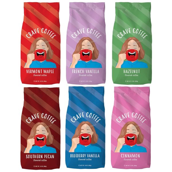 Indulge in Crave Beverages Assorted Flavored Ground Coffee Variety Pack – 100% Arabica Beans, Flavor-Packed Fun, 10 oz Each - Set of 6!