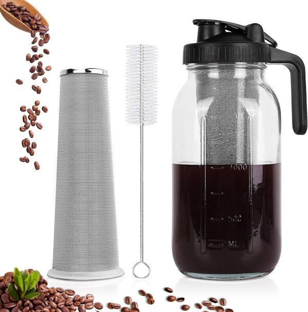 64 oz Cold Brew Coffee Maker – Durable Glass Pitcher with Stainless Steel Filter, Pour Spout Handle, and Airtight Leak-Proof Design for Iced Coffee, Tea, and Lemonade!