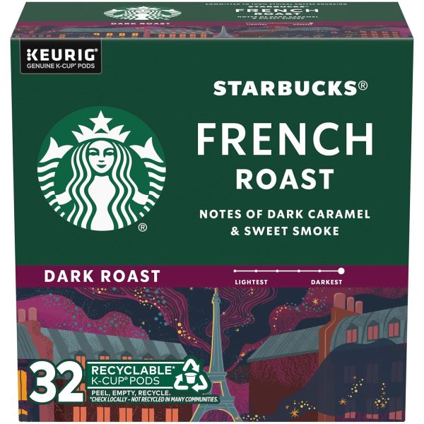 Starbucks Dark Roast K-Cup Coffee Pods - Bold French Roast, 100% Arabica - 32 Count Box for Rich Flavor and Convenience