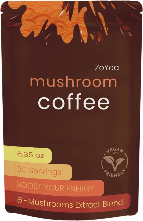 Revitalize Your Morning: Mushroom Coffee Blend with 6 Super Adaptogenic Mushrooms – Experience Lion's Mane, Reishi, Cordyceps, Shiitake, King Trumpet & Turkey Tail – 30 Servings in a Single Pack!