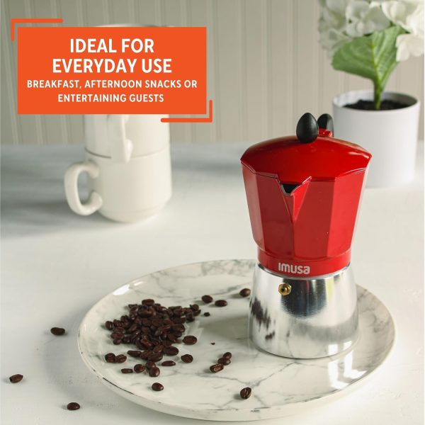 IMUSA USA Red Aluminum 6-Cup Stovetop Espresso Maker - Classic Italian & Cuban Coffee Experience (B120-43T) - Sleek Silver & Red Design - Image 7