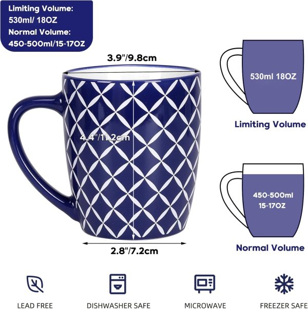 Schliersee Set of 6 Large 18 OZ Ceramic Coffee Mugs – Stylish Blue & White Geometric Floral Design Perfect for Lattes, Teas, and More – Ideal Housewarming or Wedding Gift! - Image 2