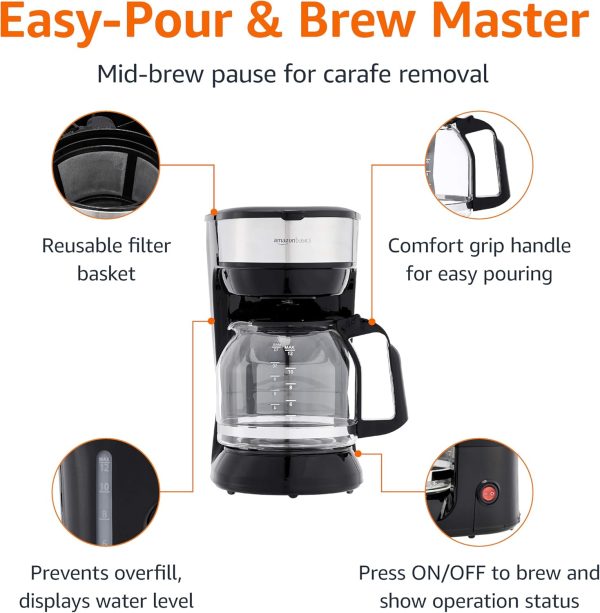Amazon Basics 12-Cup Coffee Maker: Sleek Black & Stainless Steel Machine with Reusable Filter for Perfect Brew Every Time! - Image 3