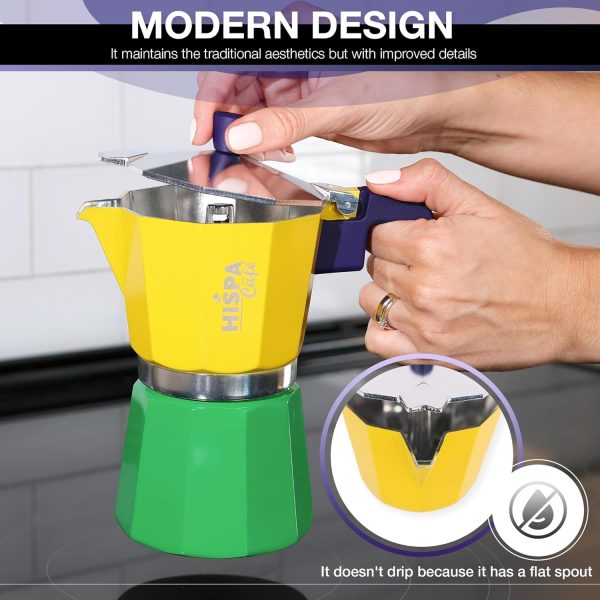 Brazilian-Themed Moka Pot Espresso Maker - 6 Cup Aluminum Stovetop Coffee Maker (10.14 oz) in Vibrant Silver, Green, Blue, and Yellow - Perfect Cafeteira for Coffee Lovers! - Image 2