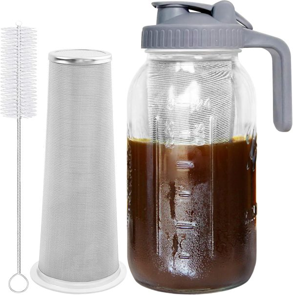 64oz Cold Brew Coffee Maker Jar – Durable Glass Mason Pitcher with Spout Lid & Handle – Perfect for Iced Coffee, Lemonade, Iced Tea, and Homemade Fruit Beverages!