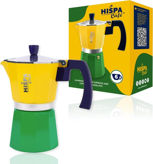 Brazilian-Themed Moka Pot Espresso Maker - 6 Cup Aluminum Stovetop Coffee Maker (10.14 oz) in Vibrant Silver, Green, Blue, and Yellow - Perfect Cafeteira for Coffee Lovers!