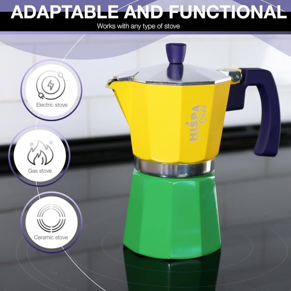 Brazilian-Themed Moka Pot Espresso Maker - 6 Cup Aluminum Stovetop Coffee Maker (10.14 oz) in Vibrant Silver, Green, Blue, and Yellow - Perfect Cafeteira for Coffee Lovers! - Image 3