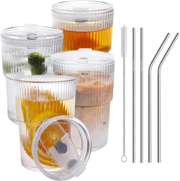 Set of 4 Unbreakable 16 oz Iced Coffee Cups with Lids & Straws - Durable Reusable Plastic Tumblers for Iced Beverages, Juice, Water - BPA Free & Dishwasher Safe!
