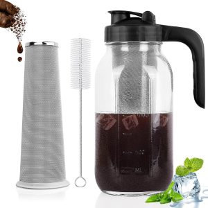 64 Oz Cold Brew Coffee Maker - Premium Heavy-Duty Glass Mason Jar Pitcher with V-Shaped Pour Spout, Stainless Steel Filter, Perfect for Iced Coffee, Iced Tea, Lemonade & Fruit Drinks - Sleek Black Design