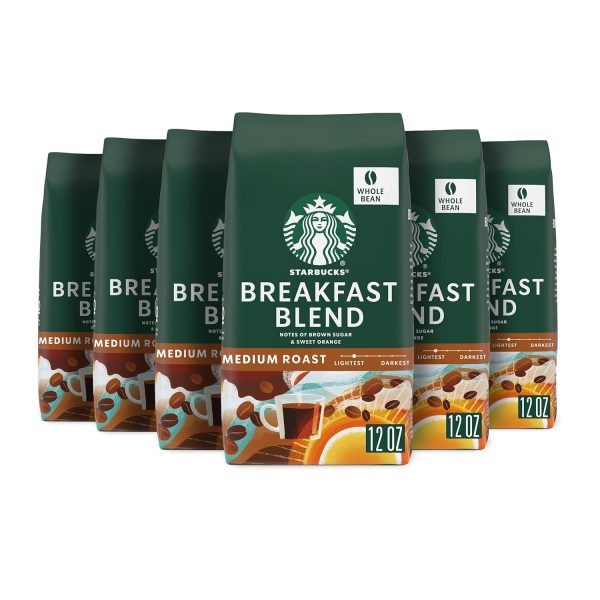 Starbucks Breakfast Blend Whole Bean Coffee - Medium Roast, 100% Arabica, 6 Bags (12 oz) - Perfect Morning Pick-Me-Up!