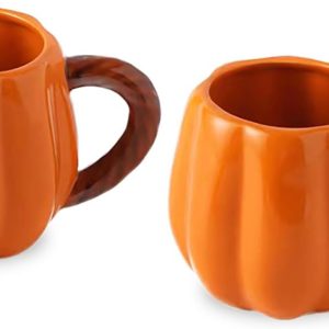 Set of 2 Ceramic Pumpkin Mugs – 13 Oz Coffee & Tea Cups for Festive Holiday Decor