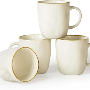 Enhance Your Beverage Experience with Famiware's Set of 4 Ocean Square 13oz Stoneware Coffee Mugs – Stylish Vanilla White Cups Perfect for Cocoa, Milk, Hot Chocolate, Tea, and More | Microwave & Dishwasher Safe