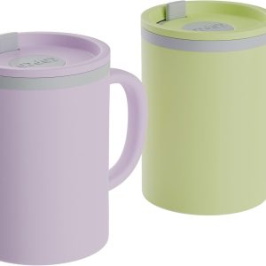 Copco Double-Wall Insulated Coffee Mug Set - 16oz BPA-Free Travel Tumblers with Lid & Handle - Perfect for Office, School, Camping - Stylish Purple & Yellow Bundle (2-Pack)