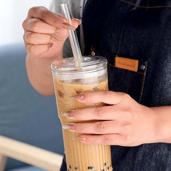 Set of 4 | 22 oz Ribbed Glass Cups with Lids & Straws - Versatile Tumblers for Coffee, Smoothies, Iced Tea, and Juice | Reusable & Stylish Drinkware - Image 7