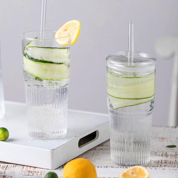 Set of 4 | 22 oz Ribbed Glass Cups with Lids & Straws - Versatile Tumblers for Coffee, Smoothies, Iced Tea, and Juice | Reusable & Stylish Drinkware - Image 8
