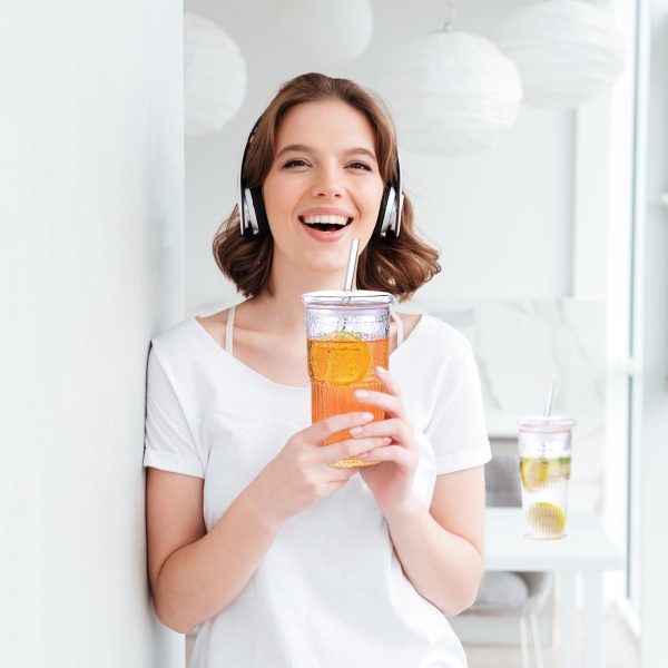 Set of 4 | 22 oz Ribbed Glass Cups with Lids & Straws - Versatile Tumblers for Coffee, Smoothies, Iced Tea, and Juice | Reusable & Stylish Drinkware - Image 4
