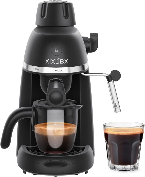 Compact 800W Espresso & Cappuccino Machine – 3.5 Bar Pressure with Steam Wand, Safety Lock & Tritan Cups – Perfect Coffee Maker for Delicious Lattes, Sleek Black Design
