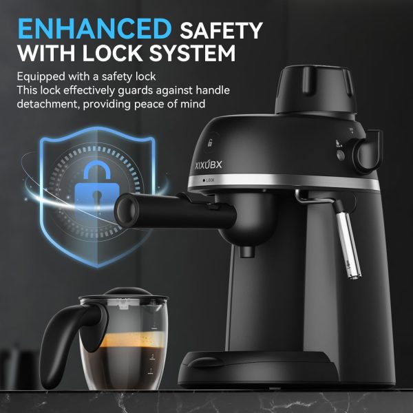 Compact 800W Espresso & Cappuccino Machine – 3.5 Bar Pressure with Steam Wand, Safety Lock & Tritan Cups – Perfect Coffee Maker for Delicious Lattes, Sleek Black Design - Image 6
