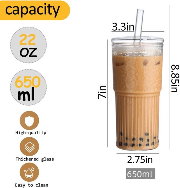 Set of 4 | 22 oz Ribbed Glass Cups with Lids & Straws - Versatile Tumblers for Coffee, Smoothies, Iced Tea, and Juice | Reusable & Stylish Drinkware - Image 2