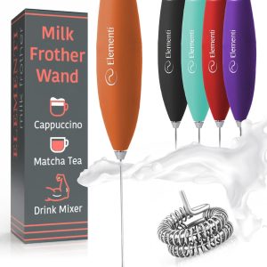 <p><strong>Elementi Electric Milk Frother Wand – Effortless Handheld Stirrer for Creamy Coffee, Smoothies & Protein Shakes – Durable & Powerful Mini Whisk in Vibrant Orange</strong></p>