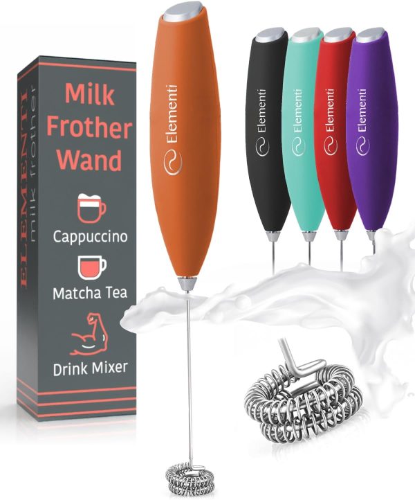 <p><strong>Elementi Electric Milk Frother Wand – Effortless Handheld Stirrer for Creamy Coffee, Smoothies & Protein Shakes – Durable & Powerful Mini Whisk in Vibrant Orange</strong></p>