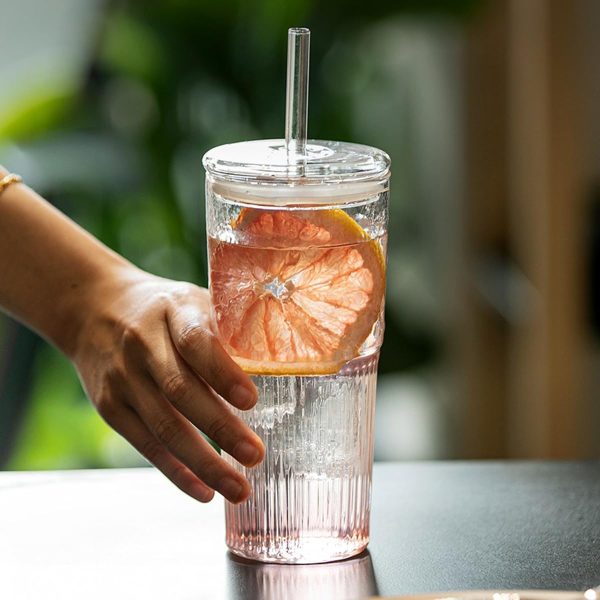 Set of 4 | 22 oz Ribbed Glass Cups with Lids & Straws - Versatile Tumblers for Coffee, Smoothies, Iced Tea, and Juice | Reusable & Stylish Drinkware - Image 5