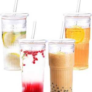 Set of 4 | 22 oz Ribbed Glass Cups with Lids & Straws - Versatile Tumblers for Coffee, Smoothies, Iced Tea, and Juice | Reusable & Stylish Drinkware