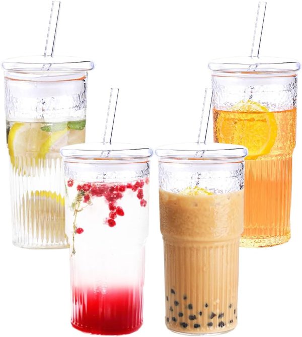 Set of 4 | 22 oz Ribbed Glass Cups with Lids & Straws - Versatile Tumblers for Coffee, Smoothies, Iced Tea, and Juice | Reusable & Stylish Drinkware