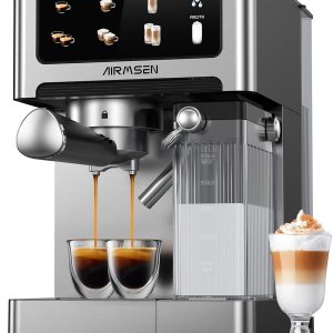 Elevate Your Coffee Experience: AIRMSEN 20 Bar Espresso Machine with Automatic Milk Frother – Quick Brew Dual Boiler (1350W + 1000W), Stainless Steel, 60oz Water Tank & Touchscreen for Perfect Cappuccinos & Lattes at Home!