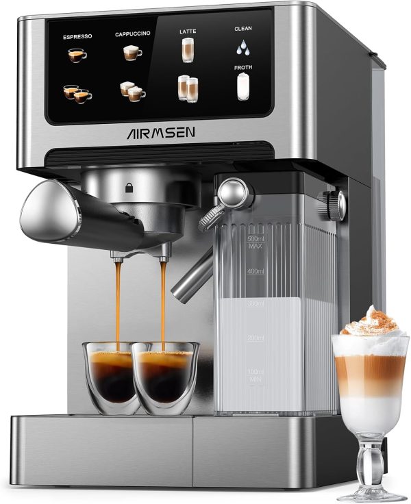 Elevate Your Coffee Experience: AIRMSEN 20 Bar Espresso Machine with Automatic Milk Frother – Quick Brew Dual Boiler (1350W + 1000W), Stainless Steel, 60oz Water Tank & Touchscreen for Perfect Cappuccinos & Lattes at Home!