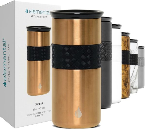 Transform Your Coffee Experience: Elemental Artisan Triple-Wall Insulated Tumbler - 16oz Reusable Stainless Steel Mug with Ceramic Lid for 6 Hours Hot & 18 Hours Cold - Stunning Copper Design