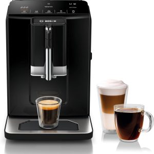 Experience Coffee Bliss with the Bosch 300 Series Fully Automatic Espresso Machine – OneTouch Milk Drinks, In-Cup Frother, 5 Custom Drink Options, Ceramic Grinder, Easy Clean & Descale, Elegant Black Finish (Model TIU20109)