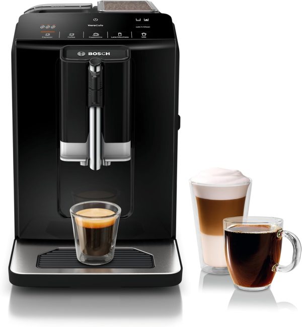 Experience Coffee Bliss with the Bosch 300 Series Fully Automatic Espresso Machine – OneTouch Milk Drinks, In-Cup Frother, 5 Custom Drink Options, Ceramic Grinder, Easy Clean & Descale, Elegant Black Finish (Model TIU20109)