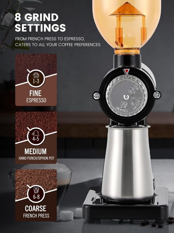 Huanyu Electric Stainless Steel Coffee Grinder – 8 Adjustable Flat Burr Settings for Perfect Home Brewing – Sleek Black Design - Image 2