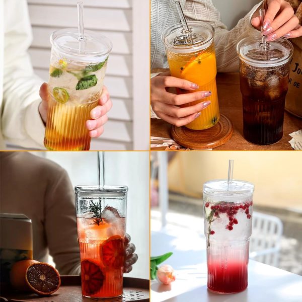 Set of 4 | 22 oz Ribbed Glass Cups with Lids & Straws - Versatile Tumblers for Coffee, Smoothies, Iced Tea, and Juice | Reusable & Stylish Drinkware - Image 6