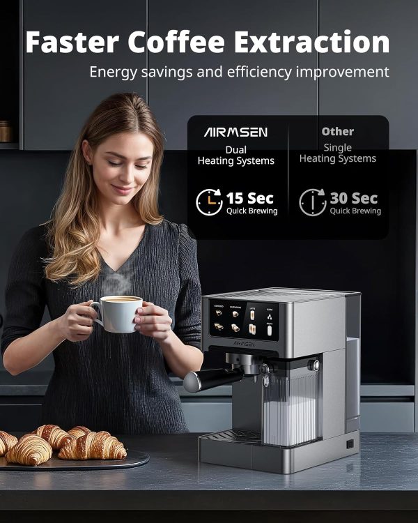 Elevate Your Coffee Experience: AIRMSEN 20 Bar Espresso Machine with Automatic Milk Frother – Quick Brew Dual Boiler (1350W + 1000W), Stainless Steel, 60oz Water Tank & Touchscreen for Perfect Cappuccinos & Lattes at Home! - Image 8
