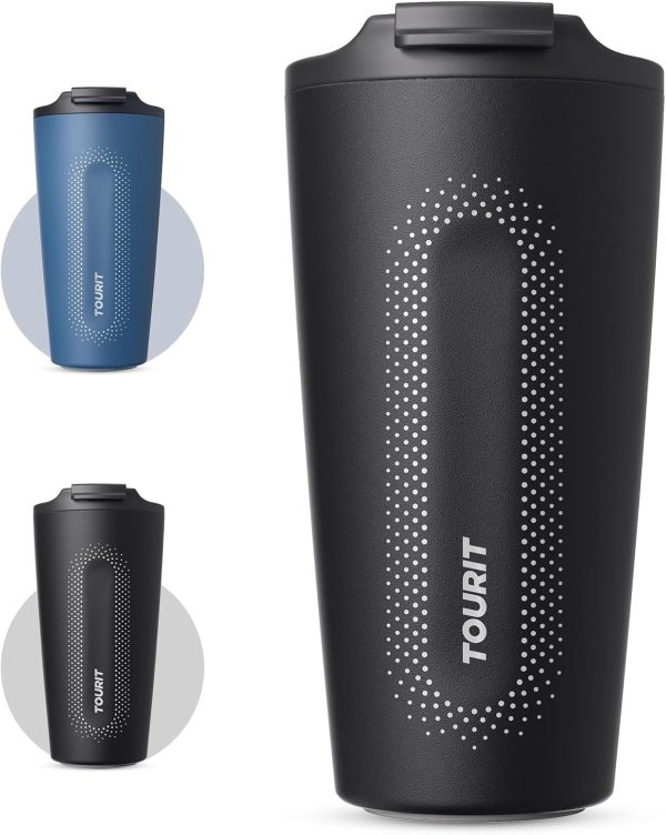 TOURIT 16 oz Insulated Travel Coffee Mug – Stainless Steel Double-Wall Vacuum Tumbler with Flip Lid | Leak-Proof, Reusable Portable Cup in Sleek Black