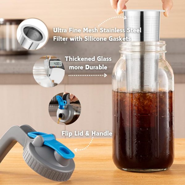 64 oz Cold Brew Coffee Maker – Durable Wide Mouth Glass Mason Jar with Stainless Steel Infuser for Perfect Iced Coffee & Refreshing Fruit Drinks! - Image 3