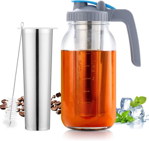 64 oz Cold Brew Coffee Maker – Durable Wide Mouth Glass Mason Jar with Stainless Steel Infuser for Perfect Iced Coffee & Refreshing Fruit Drinks!