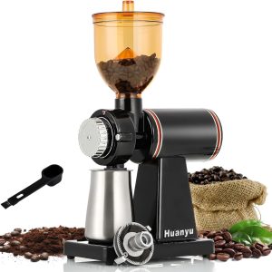 Huanyu Electric Stainless Steel Coffee Grinder – 8 Adjustable Flat Burr Settings for Perfect Home Brewing – Sleek Black Design