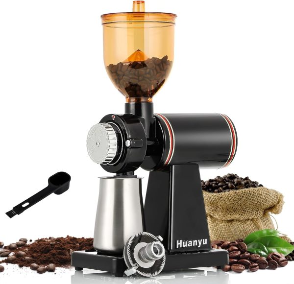Huanyu Electric Stainless Steel Coffee Grinder – 8 Adjustable Flat Burr Settings for Perfect Home Brewing – Sleek Black Design