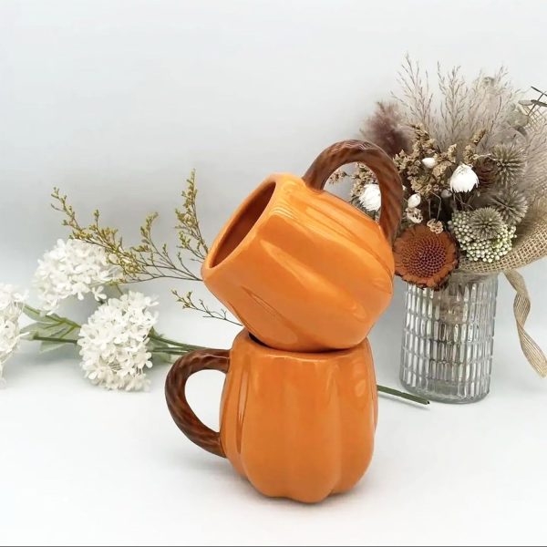 Set of 2 Ceramic Pumpkin Mugs – 13 Oz Coffee & Tea Cups for Festive Holiday Decor - Image 4