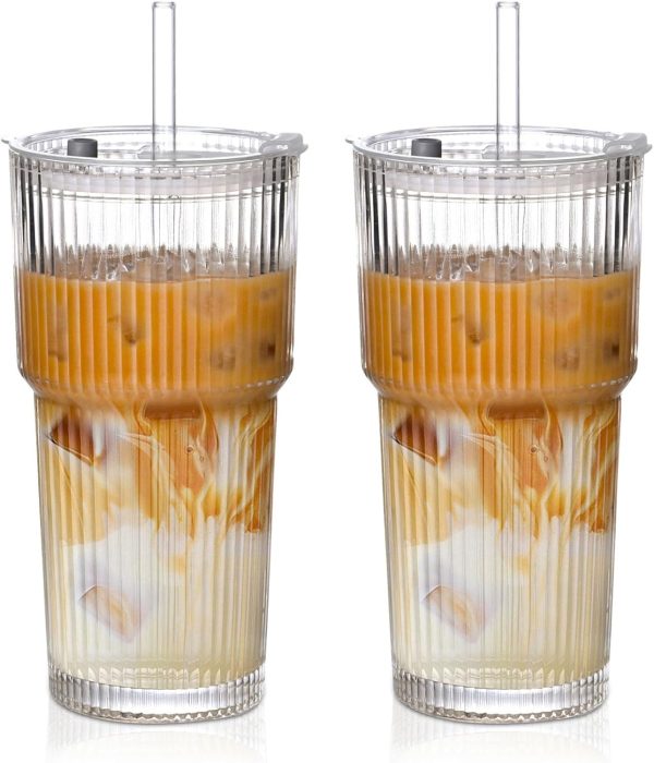 Set of 2 - 20oz Glass Tumblers with Lids & Straws | Perfect Iced Coffee, Juice, Smoothies & Cocktails!